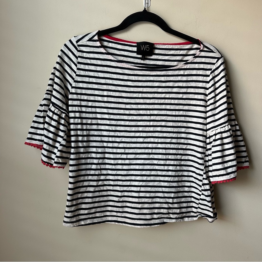 W5 Black & White Striped Red Contrasting Bell Sleeve Trim Blouse Womens Size S